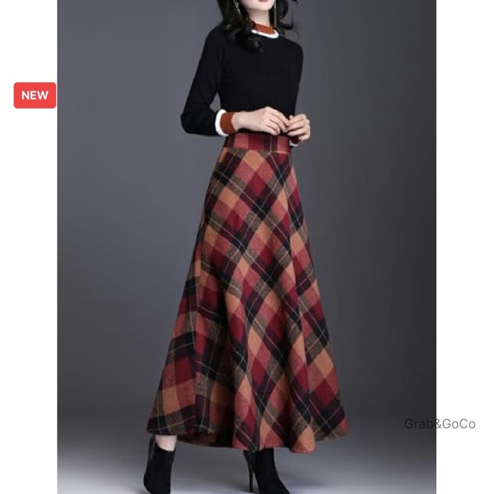 Wool Plaid A-Line Skirt Elegant Vintage Warm Elastic Waist Maxi Winter - Picture 3 of 4